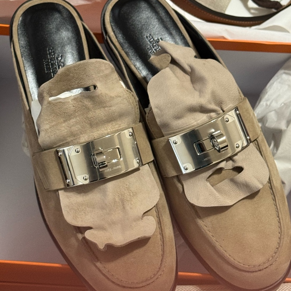 Hermes Beige Suede Kelly Loafers PHW